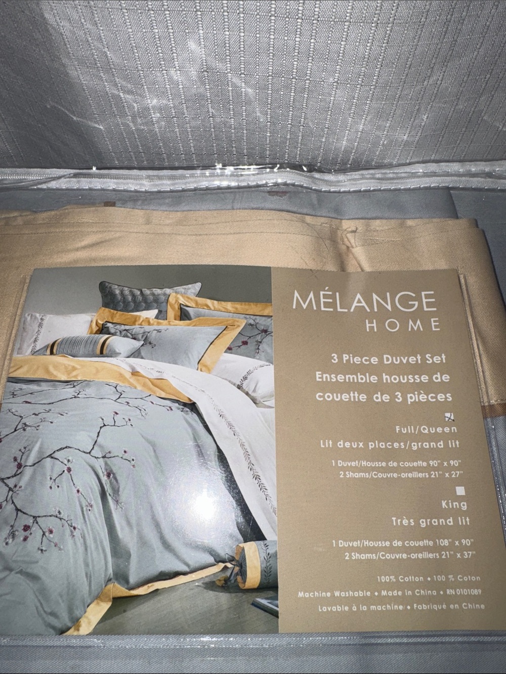 Melange, Sakura embroidered, Home Light Blue and Gold 3-Piece Duvet Set